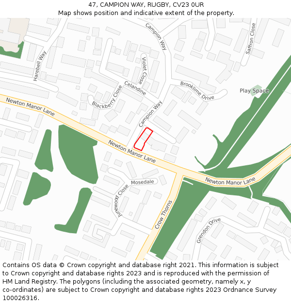 47, CAMPION WAY, RUGBY, CV23 0UR: Location map and indicative extent of plot