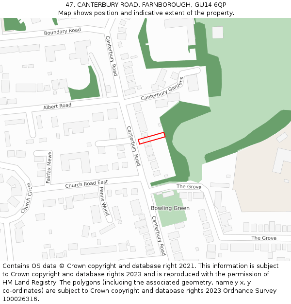 47, CANTERBURY ROAD, FARNBOROUGH, GU14 6QP: Location map and indicative extent of plot