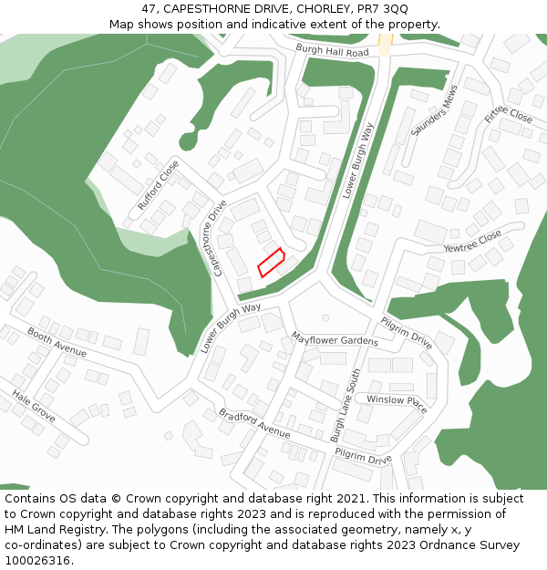 47, CAPESTHORNE DRIVE, CHORLEY, PR7 3QQ: Location map and indicative extent of plot