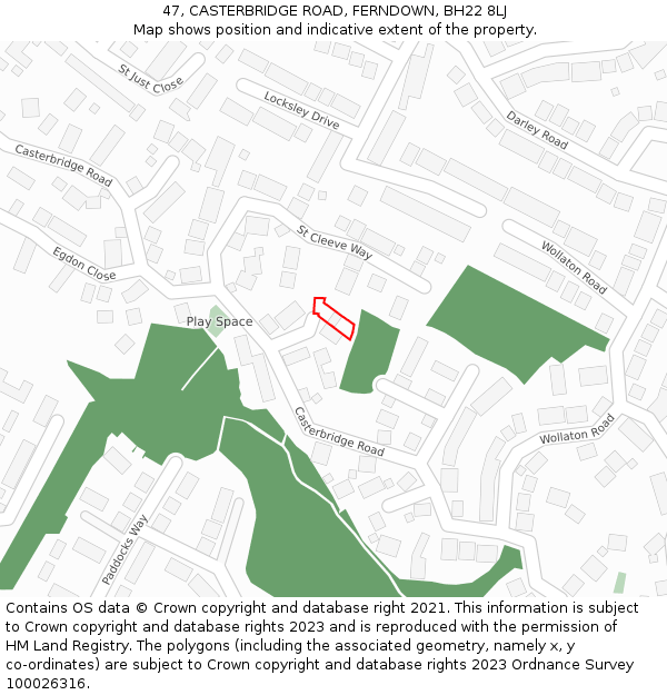 47, CASTERBRIDGE ROAD, FERNDOWN, BH22 8LJ: Location map and indicative extent of plot