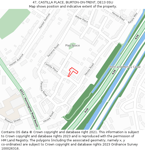 47, CASTILLA PLACE, BURTON-ON-TRENT, DE13 0SU: Location map and indicative extent of plot