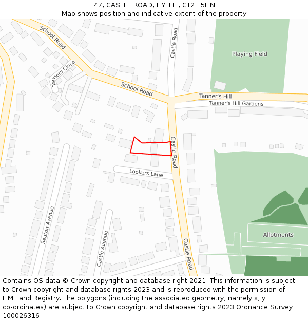 47, CASTLE ROAD, HYTHE, CT21 5HN: Location map and indicative extent of plot