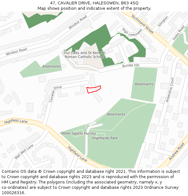 47, CAVALIER DRIVE, HALESOWEN, B63 4SQ: Location map and indicative extent of plot