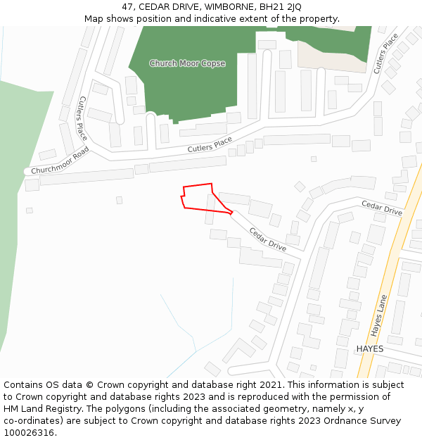 47, CEDAR DRIVE, WIMBORNE, BH21 2JQ: Location map and indicative extent of plot
