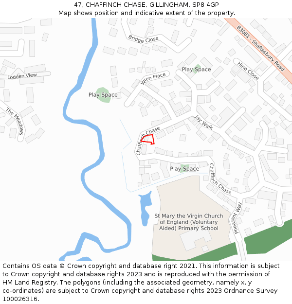 47, CHAFFINCH CHASE, GILLINGHAM, SP8 4GP: Location map and indicative extent of plot