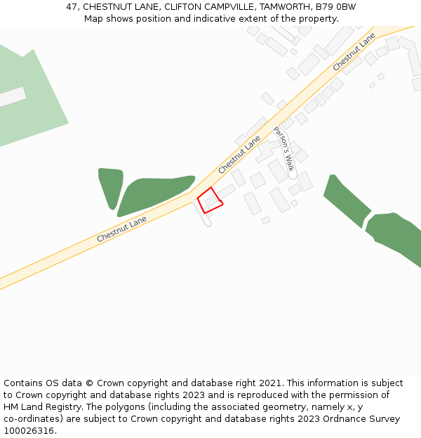 47, CHESTNUT LANE, CLIFTON CAMPVILLE, TAMWORTH, B79 0BW: Location map and indicative extent of plot