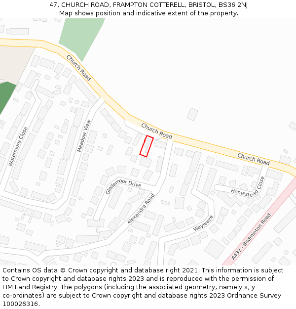 47, CHURCH ROAD, FRAMPTON COTTERELL, BRISTOL, BS36 2NJ: Location map and indicative extent of plot