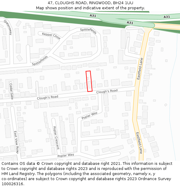 47, CLOUGHS ROAD, RINGWOOD, BH24 1UU: Location map and indicative extent of plot