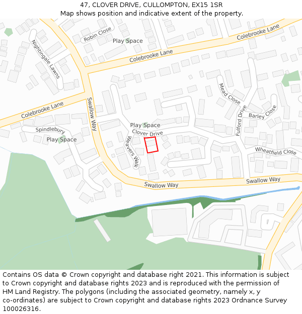 47, CLOVER DRIVE, CULLOMPTON, EX15 1SR: Location map and indicative extent of plot