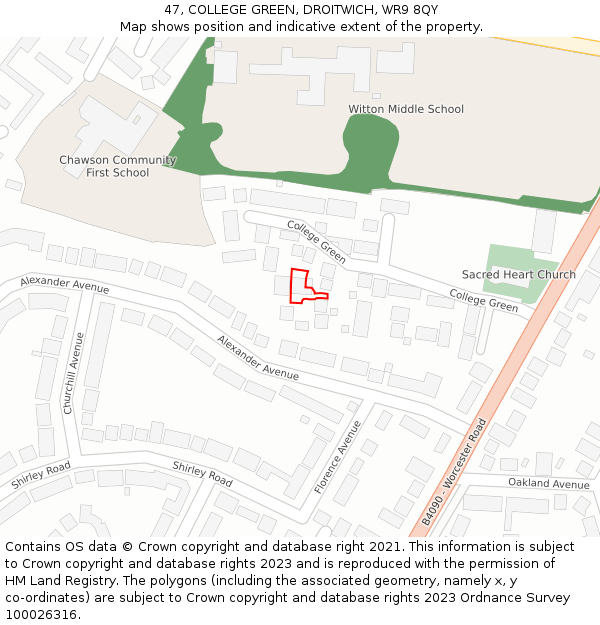 47, COLLEGE GREEN, DROITWICH, WR9 8QY: Location map and indicative extent of plot