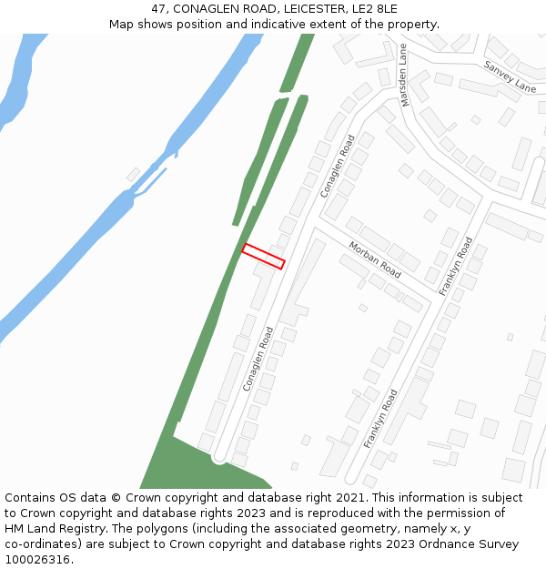 47, CONAGLEN ROAD, LEICESTER, LE2 8LE: Location map and indicative extent of plot