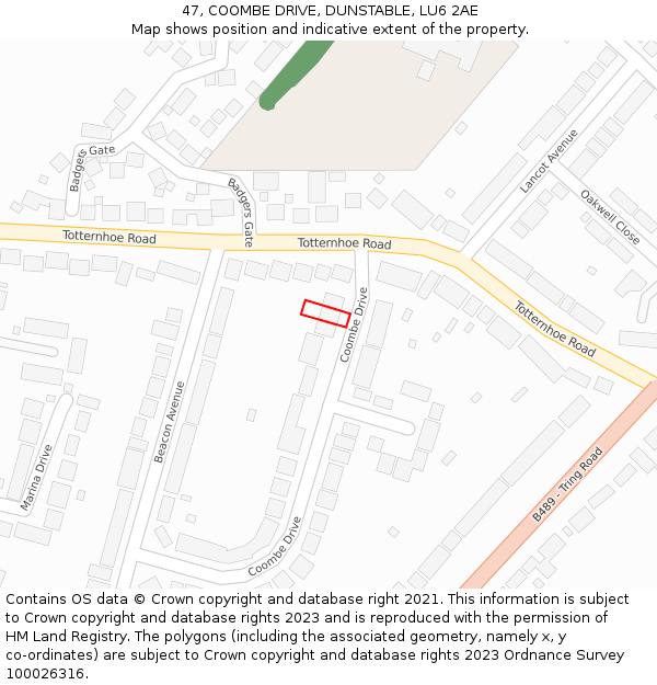 47, COOMBE DRIVE, DUNSTABLE, LU6 2AE: Location map and indicative extent of plot