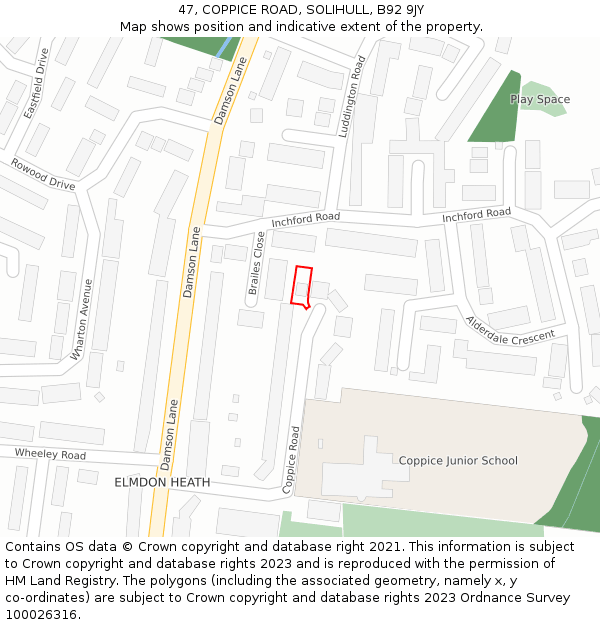 47, COPPICE ROAD, SOLIHULL, B92 9JY: Location map and indicative extent of plot