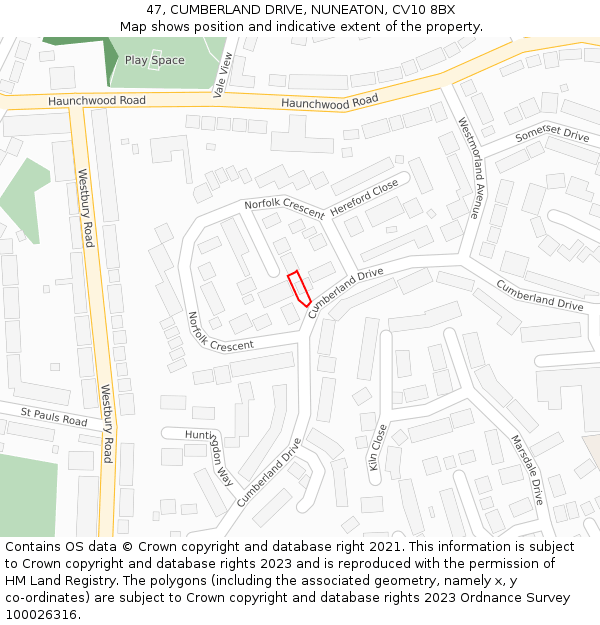 47, CUMBERLAND DRIVE, NUNEATON, CV10 8BX: Location map and indicative extent of plot