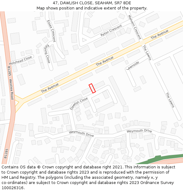 47, DAWLISH CLOSE, SEAHAM, SR7 8DE: Location map and indicative extent of plot