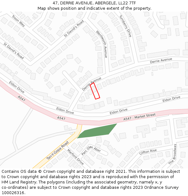 47, DERRIE AVENUE, ABERGELE, LL22 7TF: Location map and indicative extent of plot