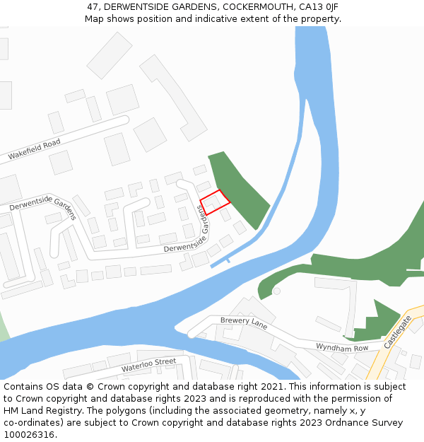 47, DERWENTSIDE GARDENS, COCKERMOUTH, CA13 0JF: Location map and indicative extent of plot