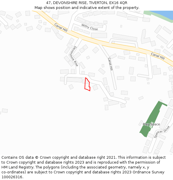 47, DEVONSHIRE RISE, TIVERTON, EX16 4QR: Location map and indicative extent of plot