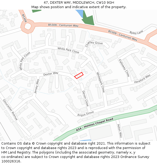 47, DEXTER WAY, MIDDLEWICH, CW10 9GH: Location map and indicative extent of plot