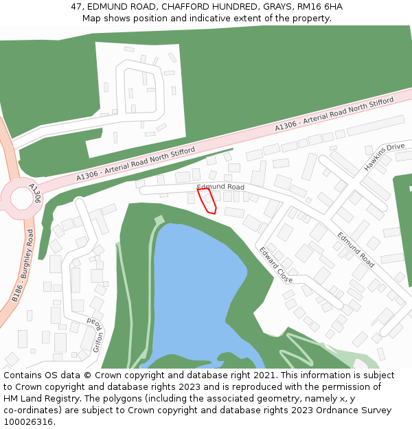 47, EDMUND ROAD, CHAFFORD HUNDRED, GRAYS, RM16 6HA: Location map and indicative extent of plot