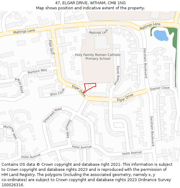 47, ELGAR DRIVE, WITHAM, CM8 1NG: Location map and indicative extent of plot