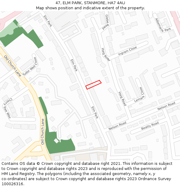 47, ELM PARK, STANMORE, HA7 4AU: Location map and indicative extent of plot