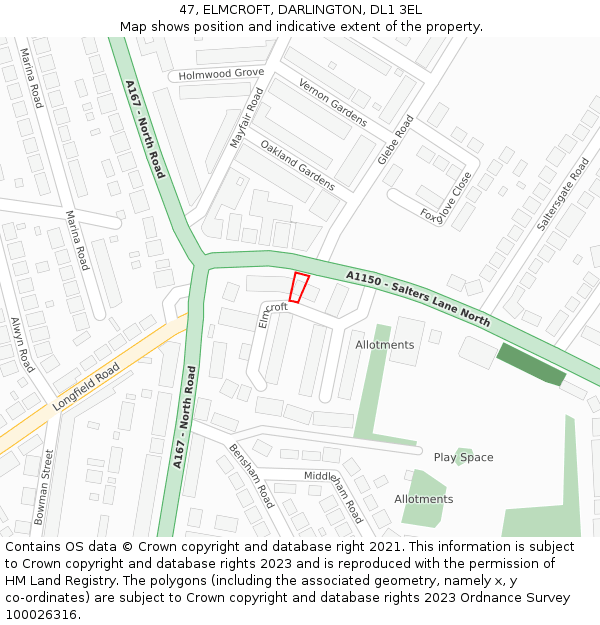 47, ELMCROFT, DARLINGTON, DL1 3EL: Location map and indicative extent of plot
