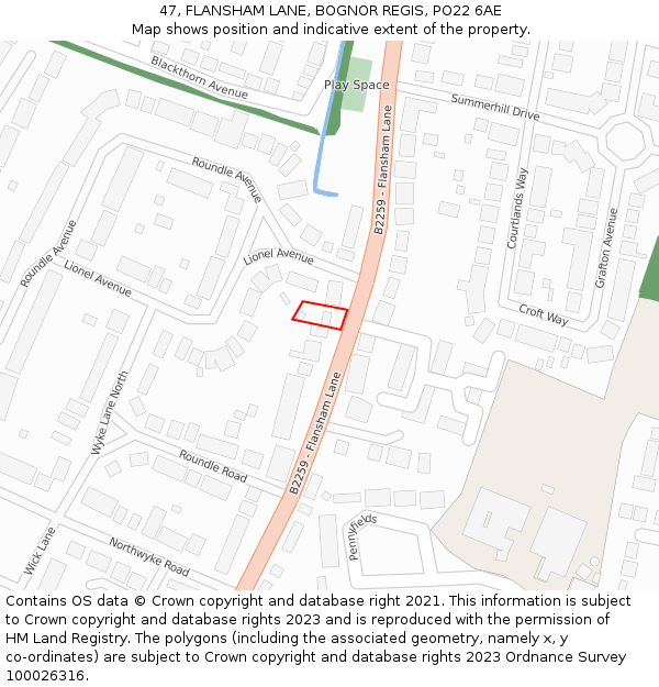 47, FLANSHAM LANE, BOGNOR REGIS, PO22 6AE: Location map and indicative extent of plot