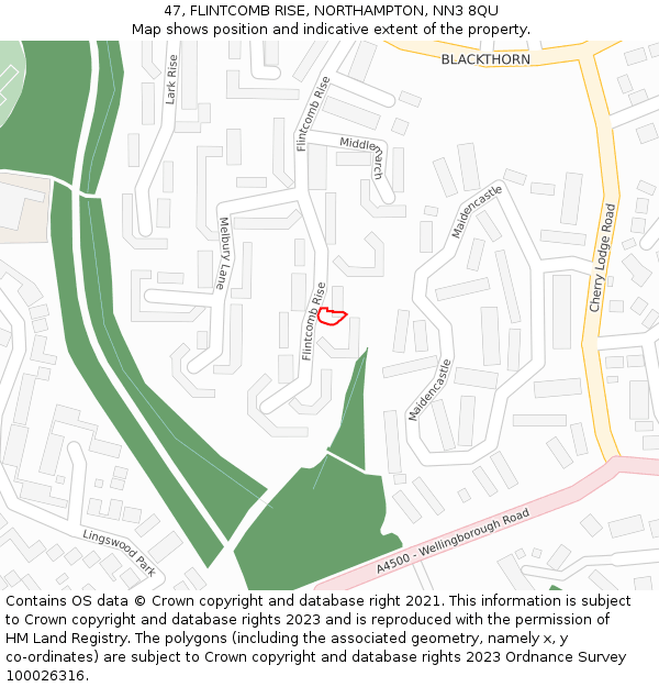 47, FLINTCOMB RISE, NORTHAMPTON, NN3 8QU: Location map and indicative extent of plot