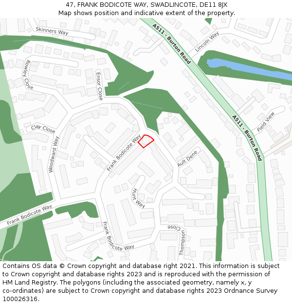 47, FRANK BODICOTE WAY, SWADLINCOTE, DE11 8JX: Location map and indicative extent of plot