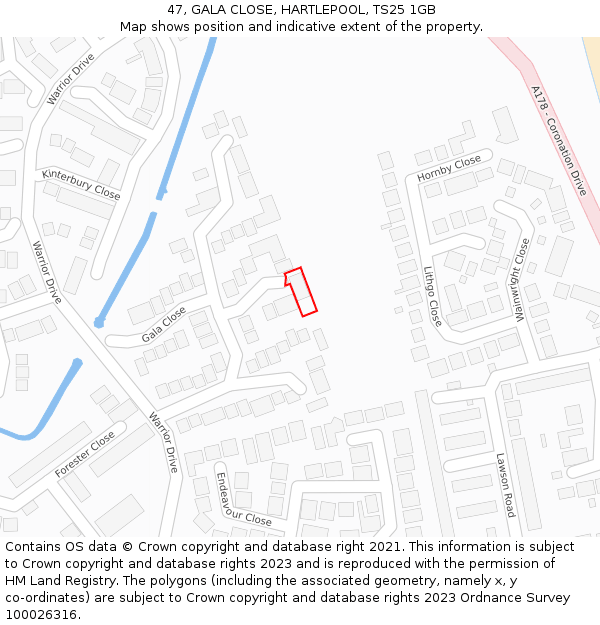 47, GALA CLOSE, HARTLEPOOL, TS25 1GB: Location map and indicative extent of plot