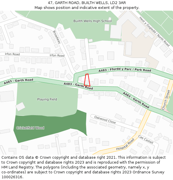 47, GARTH ROAD, BUILTH WELLS, LD2 3AR: Location map and indicative extent of plot