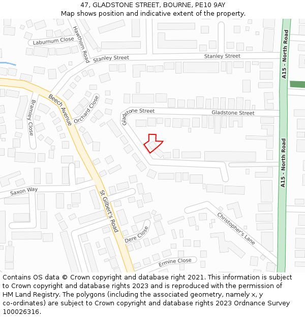 47, GLADSTONE STREET, BOURNE, PE10 9AY: Location map and indicative extent of plot