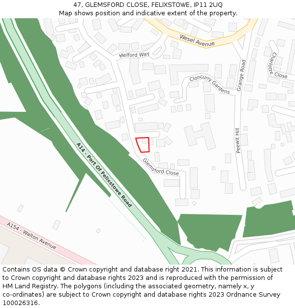 47, GLEMSFORD CLOSE, FELIXSTOWE, IP11 2UQ: Location map and indicative extent of plot