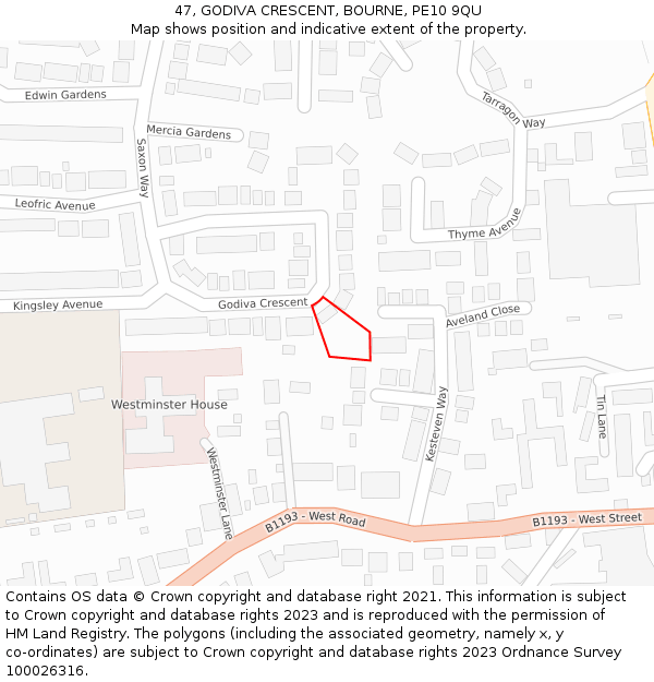 47, GODIVA CRESCENT, BOURNE, PE10 9QU: Location map and indicative extent of plot