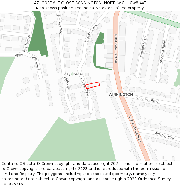 47, GORDALE CLOSE, WINNINGTON, NORTHWICH, CW8 4XT: Location map and indicative extent of plot