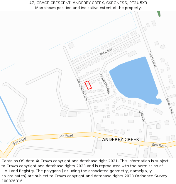 47, GRACE CRESCENT, ANDERBY CREEK, SKEGNESS, PE24 5XR: Location map and indicative extent of plot