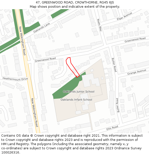 47, GREENWOOD ROAD, CROWTHORNE, RG45 6JS: Location map and indicative extent of plot