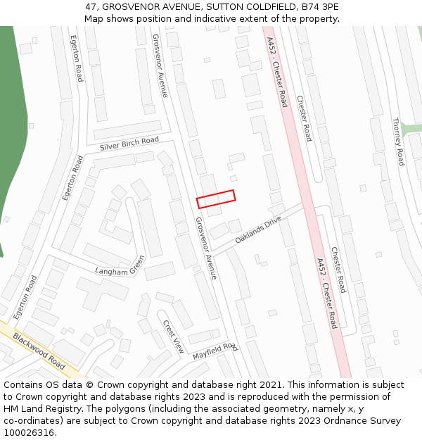 47, GROSVENOR AVENUE, SUTTON COLDFIELD, B74 3PE: Location map and indicative extent of plot