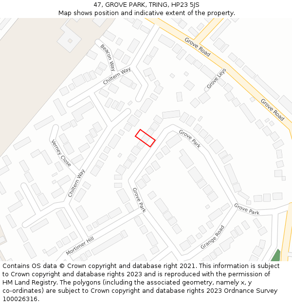 47, GROVE PARK, TRING, HP23 5JS: Location map and indicative extent of plot