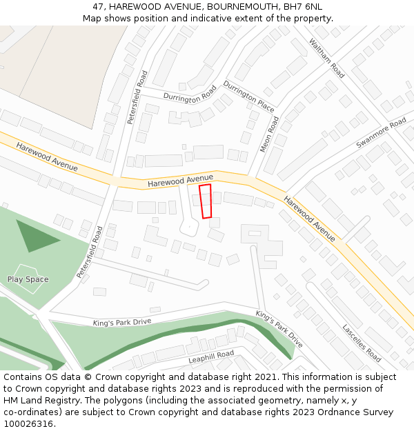 47, HAREWOOD AVENUE, BOURNEMOUTH, BH7 6NL: Location map and indicative extent of plot