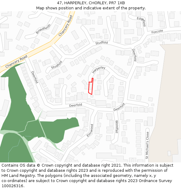 47, HARPERLEY, CHORLEY, PR7 1XB: Location map and indicative extent of plot