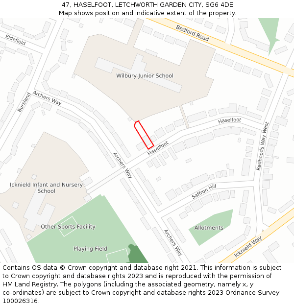 47, HASELFOOT, LETCHWORTH GARDEN CITY, SG6 4DE: Location map and indicative extent of plot