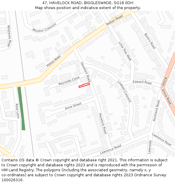 47, HAVELOCK ROAD, BIGGLESWADE, SG18 0DH: Location map and indicative extent of plot