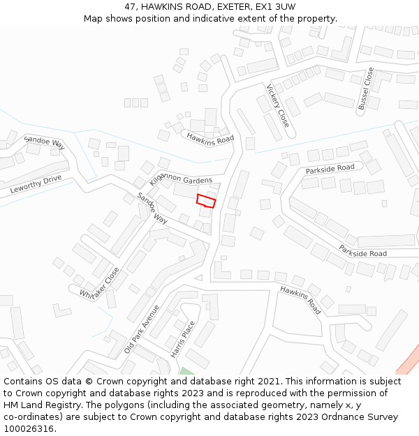 47, HAWKINS ROAD, EXETER, EX1 3UW: Location map and indicative extent of plot