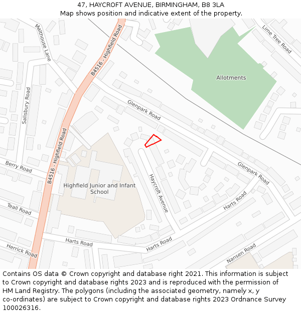 47, HAYCROFT AVENUE, BIRMINGHAM, B8 3LA: Location map and indicative extent of plot