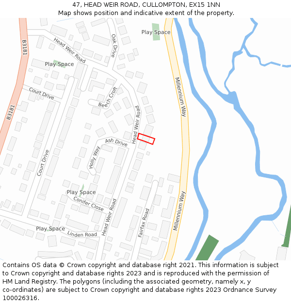 47, HEAD WEIR ROAD, CULLOMPTON, EX15 1NN: Location map and indicative extent of plot