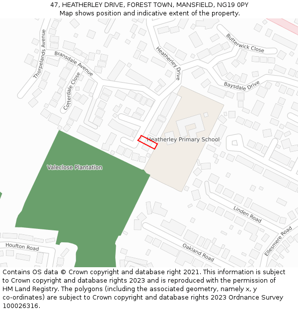 47, HEATHERLEY DRIVE, FOREST TOWN, MANSFIELD, NG19 0PY: Location map and indicative extent of plot