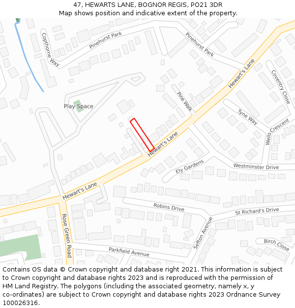 47, HEWARTS LANE, BOGNOR REGIS, PO21 3DR: Location map and indicative extent of plot