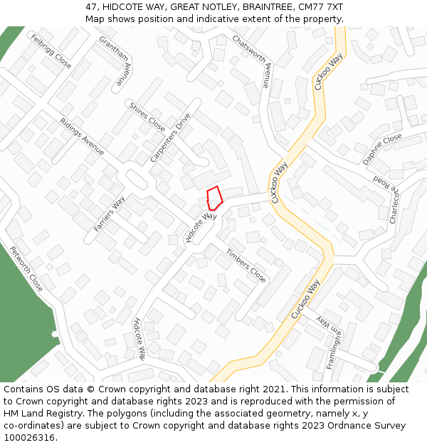 47, HIDCOTE WAY, GREAT NOTLEY, BRAINTREE, CM77 7XT: Location map and indicative extent of plot